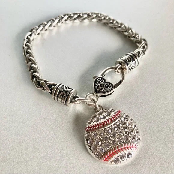Silver-tone Baseball Crystal Charm preloved Bracelet - Picture 1 of 8